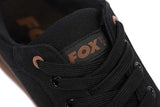 Zapatillas Fox Canvas Black close-up, showcasing logo and laces for carpfishing and casual wear.