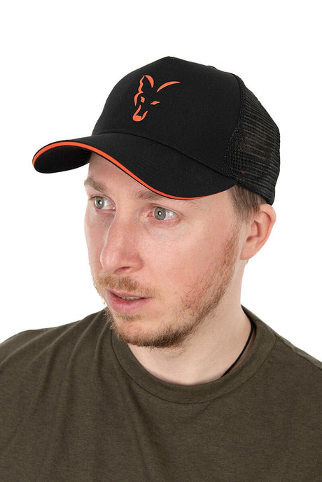 Gorra Fox Trucker Negra - Naranja de red - Tienda Carpfishing
